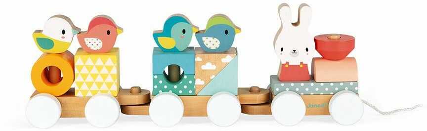 Janod J05157 drewniana pociąg, zabawka do ciągnięcia, 17 klocków, malowana farbą na bazie wody, dla dzieci od 1 roku życia, wielokolorowa