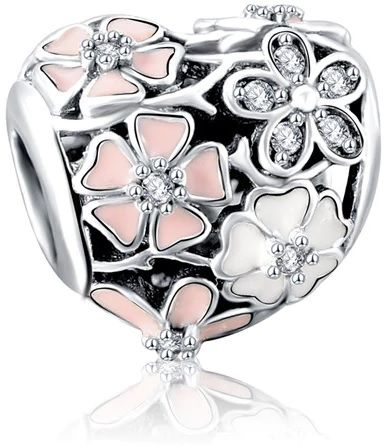 Rodowany srebrny charms do pandora serce heart kwiatki flowers cyrkonie srebro 925 PAS283