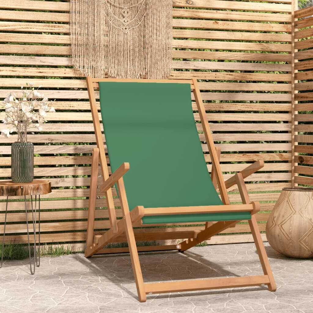 vidaXL Składany leżak plażowy, lite drewno tekowe, zielony