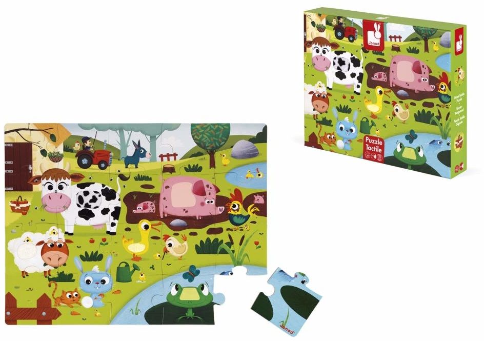 Janod - Puzzle dotykowe dla dzieci, zwierzęta gospodarskie, 20 sztuk w tym 7 teksturowanych - gra edukacyjna i sensoryczna - dotyk, umiejętności motoryczne i koncentracja - od 2 lat, J02772