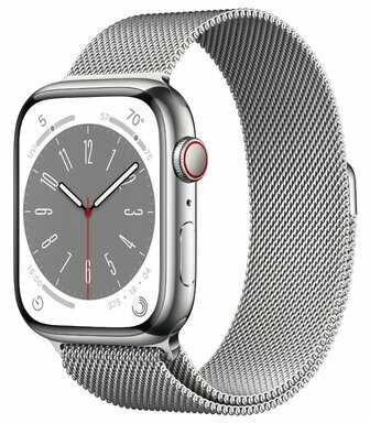 Smartwatch APPLE Watch Series 8 GPS + Cellular koperta 45mm ze stali nierdzewnej w kolorze srebrnym z bransoletą mediolańską w kolorze srebrnym MNKJ3WB/A