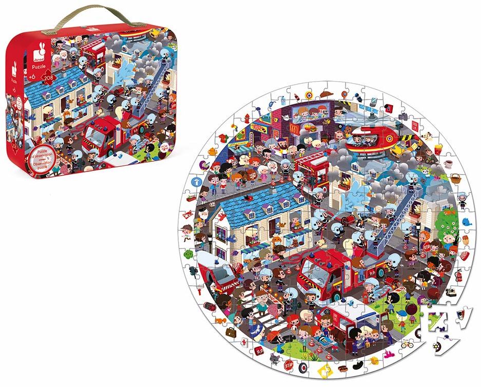 Janod - Extreme Strażak okrągłe puzzle do obserwacji 208 sztuk - walizka z uchwytem - dla dzieci w wieku od 6 lat J02793