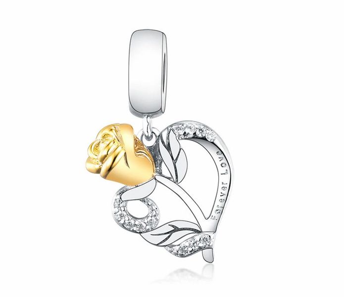 Rodowany srebrny wiszący charms do pandora róża miłości serce heart rose srebro 925 NEW209