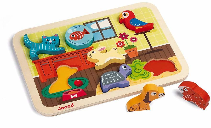 Janod J07024"Animo" puzzle ze zwierzętami z drewna, dla małych dzieci, 7 części, zabawka dla małych dzieci, dla dzieci od 18 miesięcy
